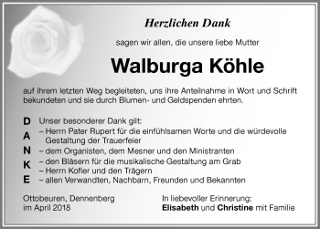 Traueranzeige von Walburga Köhle von Memminger Zeitung