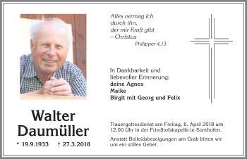 Traueranzeige von Walter Daumüller von Allgäuer Anzeigeblatt