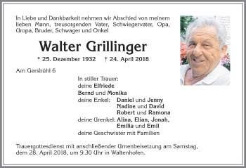 Traueranzeige von Walter Grillinger von Allgäuer Zeitung,Kempten