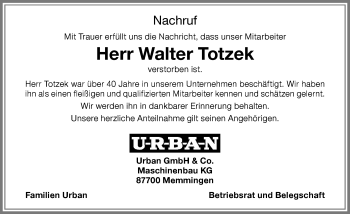 Traueranzeige von Walter Totzek von Memminger Zeitung