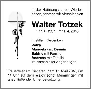 Traueranzeige von Walter Totzek von Memminger Zeitung