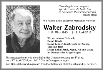 Traueranzeige von Walter Zabrodsky von Allgäuer Zeitung, Kaufbeuren/Buchloe