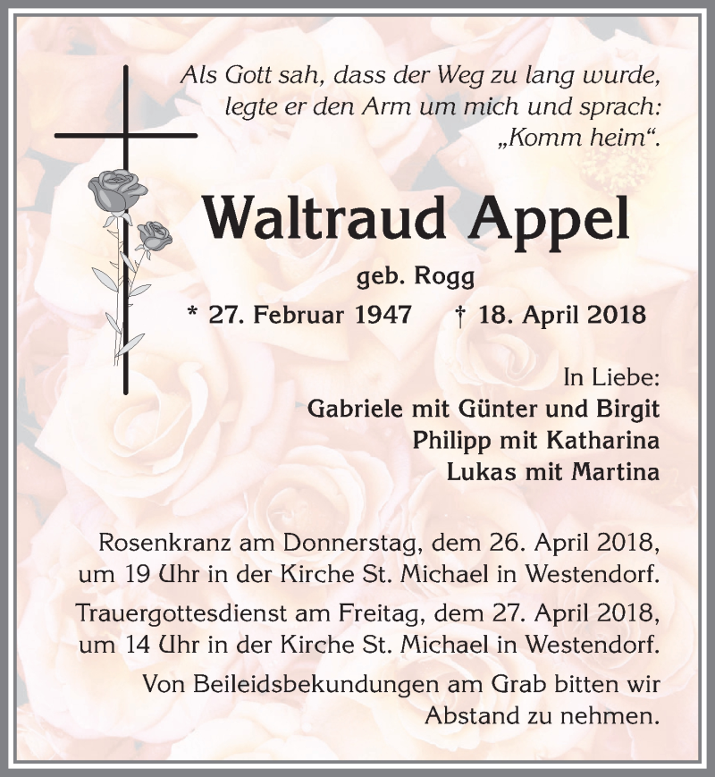  Traueranzeige für Waltraud Appel vom 25.04.2018 aus Allgäuer Zeitung, Kaufbeuren/Buchloe