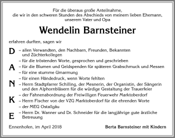 Traueranzeige von Wendelin Barnsteiner von Allgäuer Zeitung, Marktoberdorf