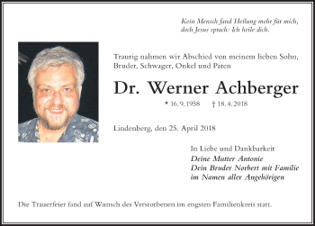 Traueranzeige von Werner Achberger von Der Westallgäuer