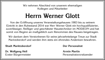 Traueranzeige von Werner Glott von Allgäuer Zeitung, Marktoberdorf