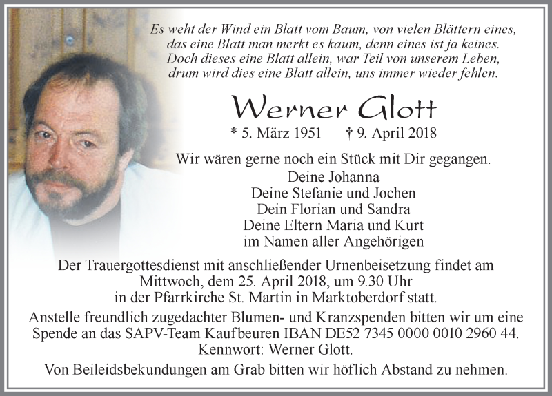  Traueranzeige für Werner Glott vom 18.04.2018 aus Allgäuer Zeitung, Marktoberdorf