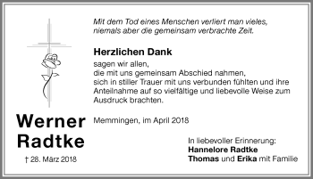 Traueranzeige von Werner Radtke von Memminger Zeitung