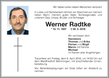 Traueranzeige von Werner Radtke von Memminger Zeitung