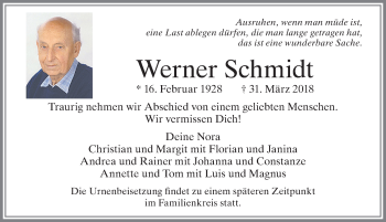 Traueranzeige von Werner Schmidt von Allgäuer Zeitung, Füssen