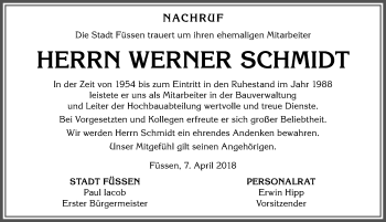 Traueranzeige von Werner Schmidt von Allgäuer Zeitung, Füssen
