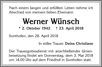 Traueranzeige von Werner Wünsch von Allgäuer Anzeigeblatt