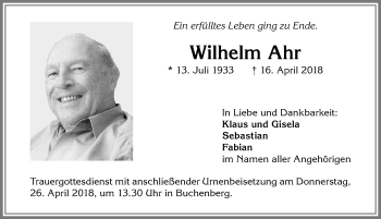 Traueranzeige von Wilhelm Ahr von Allgäuer Zeitung,Kempten