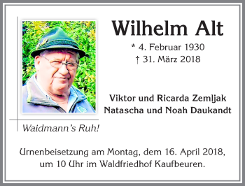 Traueranzeige von Wilhelm Alt von Allgäuer Zeitung, Kaufbeuren/Buchloe