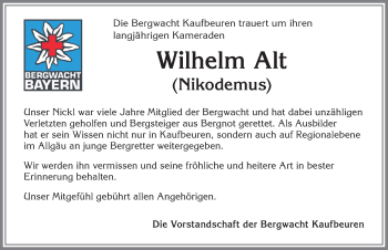 Traueranzeige von Wilhelm Alt von Allgäuer Zeitung, Kaufbeuren/Buchloe