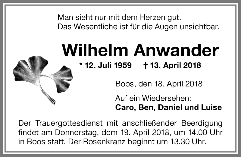  Traueranzeige für Wilhelm Anwander vom 18.04.2018 aus Memminger Zeitung