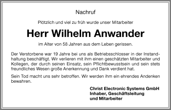Traueranzeige von Wilhelm Anwander von Memminger Zeitung