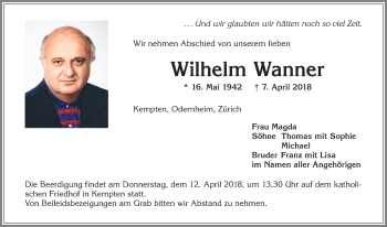Traueranzeige von Wilhelm Wanner von Allgäuer Zeitung,Kempten