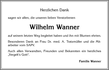 Traueranzeige von Wilhelm Wanner von Allgäuer Zeitung,Kempten