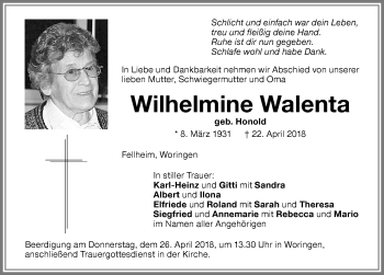Traueranzeige von Wilhelmine Walenta von Memminger Zeitung