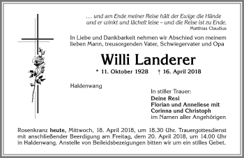 Traueranzeige von Willi Landerer von Allgäuer Zeitung,Kempten