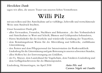 Traueranzeige von Willi Pilz von Der Westallgäuer