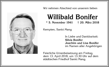 Traueranzeige von Willibald Bonifer von Allgäuer Zeitung,Kempten