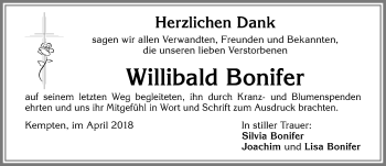 Traueranzeige von Willibald Bonifer von Allgäuer Zeitung,Kempten