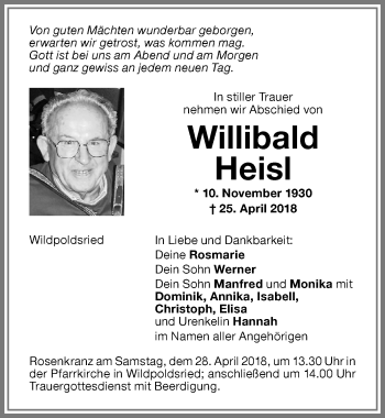 Traueranzeige von Willibald Heisl von Allgäuer Zeitung,Kempten