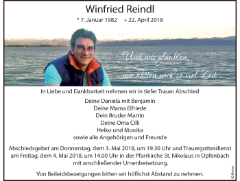 Traueranzeige von Winfried Reindl von Der Westallgäuer