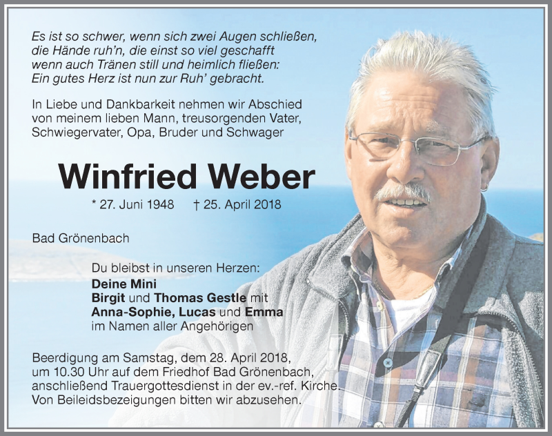  Traueranzeige für Winfried Weber vom 27.04.2018 aus Memminger Zeitung