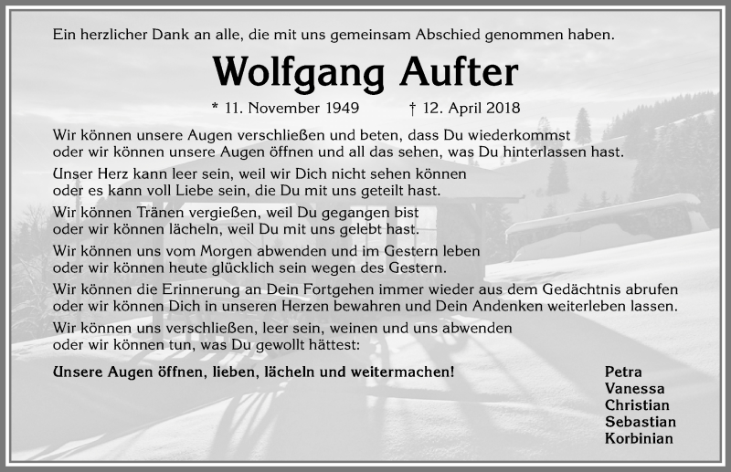  Traueranzeige für Wolfgang Aufter vom 28.04.2018 aus Allgäuer Zeitung