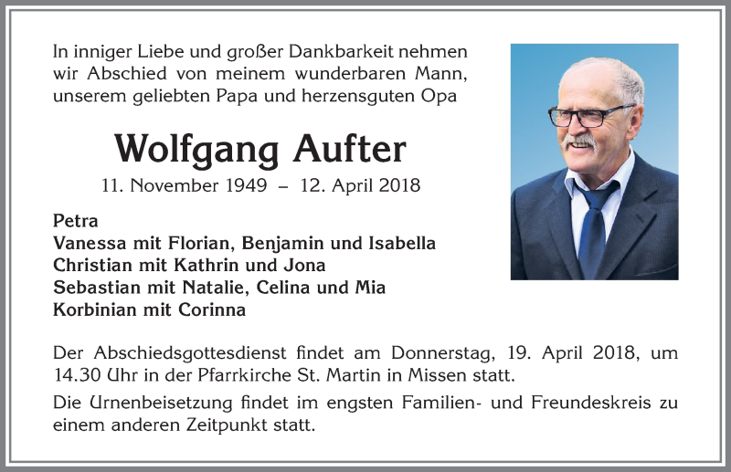  Traueranzeige für Wolfgang Aufter vom 14.04.2018 aus Allgäuer Zeitung