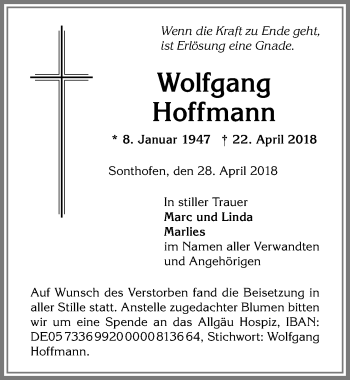 Traueranzeige von Wolfgang Hoffmann von Allgäuer Anzeigeblatt