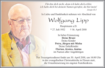 Traueranzeige von Wolfgang Lipp von Allgäuer Zeitung, Füssen