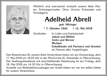 Traueranzeige von Adelheid Abrell von Allgäuer Anzeigeblatt