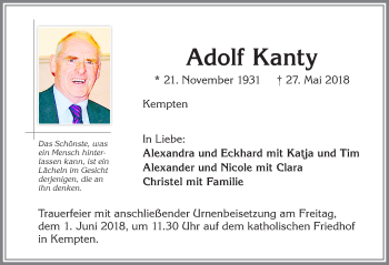Traueranzeige von Adolf Kanty von Allgäuer Zeitung,Kempten
