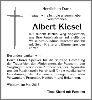 Traueranzeige von Albert Kiesel von Allgäuer Zeitung,Kempten