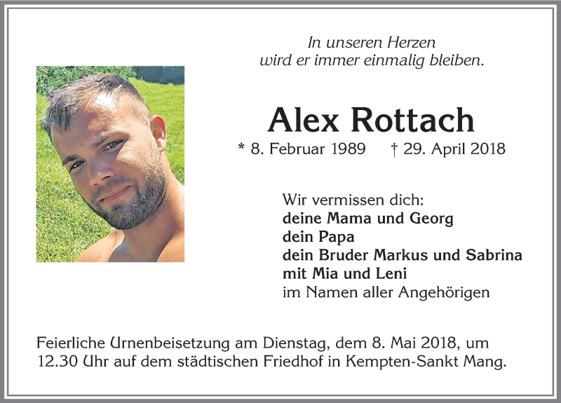  Traueranzeige für Alex Rottach vom 05.05.2018 aus Allgäuer Zeitung,Kempten