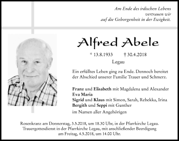 Traueranzeige von Alfred Abele von Allgäuer Zeitung