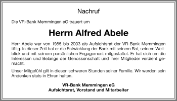 Traueranzeige von Alfred Abele von Memminger Zeitung