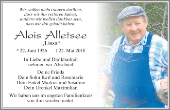 Traueranzeige von Alois Alletsee von Allgäuer Zeitung, Füssen
