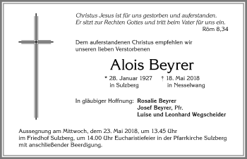 Traueranzeige von Alois Beyrer von Allgäuer Zeitung,Kempten