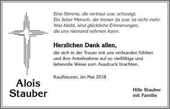 Traueranzeige von Alois Stauber von Allgäuer Zeitung, Kaufbeuren/Buchloe