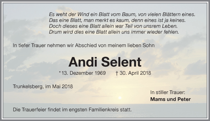  Traueranzeige für Andi Selent vom 05.05.2018 aus Memminger Zeitung