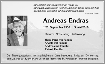 Traueranzeige von Andreas Endras von Allgäuer Zeitung, Füssen
