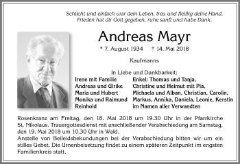 Traueranzeige von Andreas Mayr von Allgäuer Zeitung, Marktoberdorf
