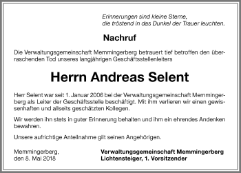 Traueranzeige von Andreas Selent von Memminger Zeitung
