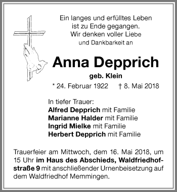 Traueranzeige von Anna Depprich von Memminger Zeitung
