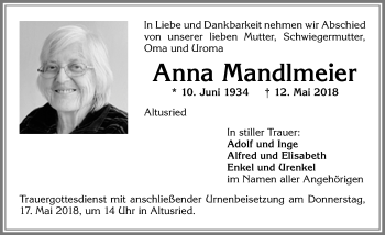 Traueranzeige von Anna Mandlmeier von Allgäuer Zeitung,Kempten